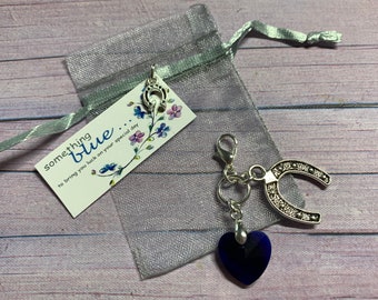 Something Blue Good Luck Crystal Heart and Lucky Horseshoe Charm, Bouquet Charm, Brides Good Luck Charm, Lucky Horseshoe Charm, Garter Charm