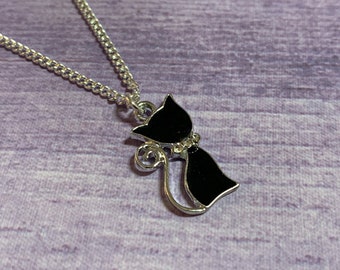 Rhinestone Black Cat Necklace, Tibetan Silver Enamel Black Cat Necklace, Friendship Gift, Handmade Necklace, Lucky Gift