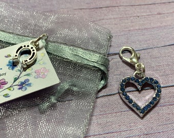 Something Blue Rhinestone Heart, Clip on Blue Heart Charm, Brides Good Luck Charm, Garter Charm, Bouquet Charm