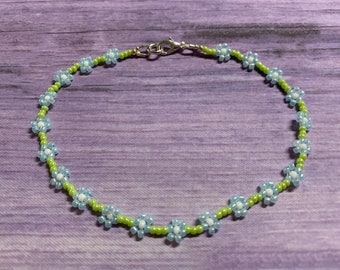 Anklet, Daisy Chain Anklet, Pale Blue and Green Flower Anklet, Daisy Ankle Bracelet