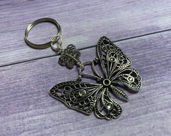 Butterfly Key Ring, Tibetan Silver Butterfly Key Ring, Vintage Style Butterfly Key Ring with crystals