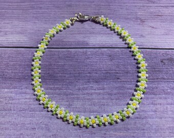 Anklet, Ankle Bracelet, White, Green and Yellow Anklet, Ankle Jewellery, Daisy Anklet, Flower Anklet. Boho Anklet