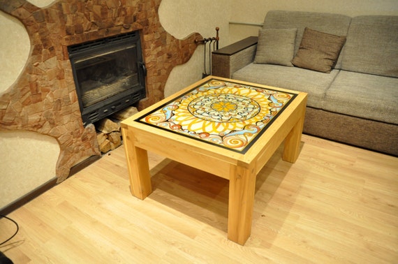 Coffee Table Of Acacia Wood And Has A Glass Countertop Etsy