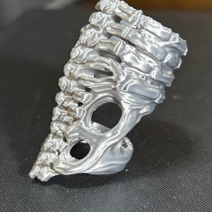 May include: A silver-colored, 3D-printed ring with a unique, organic design. The ring features a textured surface and an open, skeletal structure, with two large circular openings. The overall shape is asymmetrical and artistic.