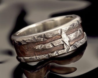 Zilveren herenring, rustieke christelijke trouwring, handgemaakte gemengde metalen geloofsring voor mannen, robuuste religieuze belofte band RS-1163