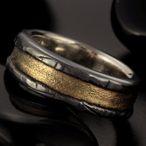 Unique Design Ring, Silver & 14K solid Gold,8mm Man Woman Wedding Ring, Anniversary Ring,  RS-1404