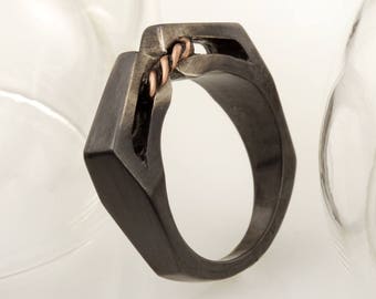 Anniversary ring, Unique Men Ring, Black Wedding Men Ring, Men Silver Wedding Band, Two Tone Silver Copper ring, Gift for men, RS-1208