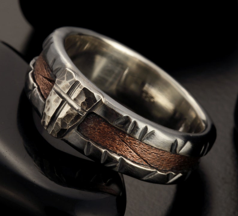 Rustic Mens Band, Man ring, Man cross Ring, Man Silver Ring, Engagement Band, Unique Bark Men's Ring, RS-1162-B image 2