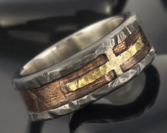 14K Gold Cross Ring for Men, Sterling Silver & Copper Wedding Band, Handmade Christian Ring, Mixed Metal Jewelry RS-1417