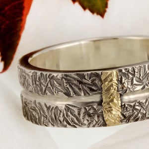 Anillo rústico para hombre en plata y oro de 14 quilates, 9 mm, bicolor, metal mixto, regalo para hombre, RS-1299