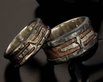 A Pair of Rustic wedding rings, wedding Band, Unique Pair Silver  and copper Rings,   RS-1163-P