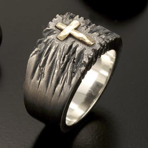 Mens Cross Signet Ring: Solid 14K Gold & Oxidized Silver - Rustic Christian Wedding Band - Unique Faith Jewelry - RS-1415