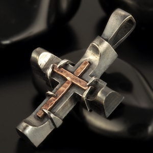Kreuz Anhänger, Herren Kreuz Sterling Silber Anhänger, Silber und Kupfer Handmade Kreuz Anhänger, Kreuz Schmuck, P-142-A Bild 1