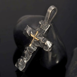 Cross Pendant, Mens Cross Sterling Silver Handmade Pendant, Silver and 14K Gold Handmade Cross Pendant, Cross Jewelry, P-117 image 1