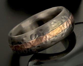 Comfort Fit Sterling Silver & Copper Men's Band, Hand-forged Rustic Wedding Ring, Mixed Metal Artisan Jewelry, Rugged Wide Band - RS-1233