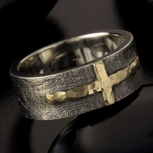 Rustic Cross man ring, Silver & 14K solid Gold or copper Men Cross ring, Mens Design Ring, Gift for Man, RS-1205 image 3