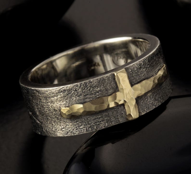 Rustic Cross man ring, Silver & 14K solid Gold or copper Men Cross ring, Mens Design Ring, Gift for Man, RS-1205 image 3