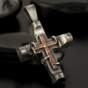 Sterling Silver Copper Cross Pendant, Mens Necklace, Handmade Religious Jewelry, Gift for Him
