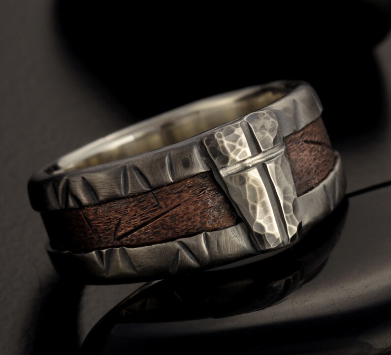 Rustic Mens Band, Man ring, Man cross Ring, Man Silver Ring, Engagement Band, Unique Bark Men's Ring, RS-1162-B image 4