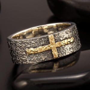 Rustic Cross ring, Silver & 14K solid Gold Men Cross ring,  Mens Design Ring, Gift for Man, RS-1205-A