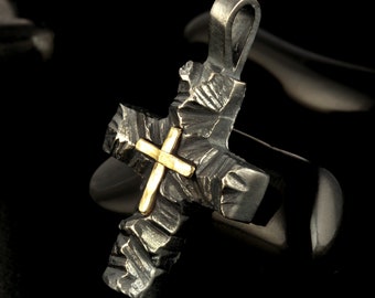 Handgemachter Kreuz Anhänger, Kreuz Anhänger, Herren Kreuz Sterling Silber und 14K Gold Anhänger, Kreuz Schmuck, P-117-S