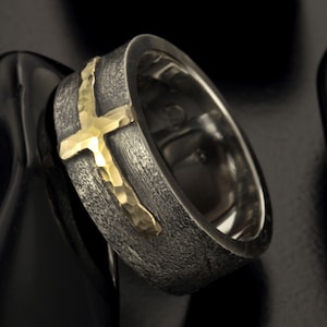 Rustic Cross man ring, Silver & 14K solid Gold or copper Men Cross ring,  Mens Design Ring, Gift for Man, RS-1205
