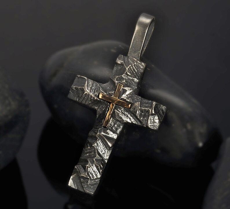 Cross Pendant, Mens Cross Sterling Silver Handmade Pendant, Silver and 14K Gold Handmade Cross Pendant, Cross Jewelry, P-117 image 3