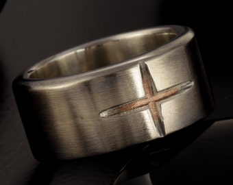 Unique men cross wedding ring, Men silver Ring, Rustic Mens ring, Mens Silver & copper Ring, Wedding Ring Gift for men, RS-1405