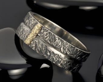 Two Tone Silver & 14K Gold Mens Band Ring - 9mm Rustic Jewelry Gift RS-1299