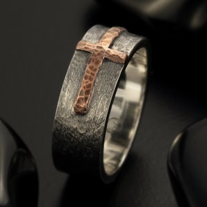 Rustic Cross man ring, Silver & 14K solid Gold or copper Men Cross ring, Mens Design Ring, Gift for Man, RS-1205 image 2