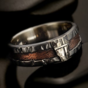 Rustic Mens Band, Man ring, Man cross Ring, Man Silver Ring, Engagement Band, Unique Bark Men's Ring, RS-1162-B image 3