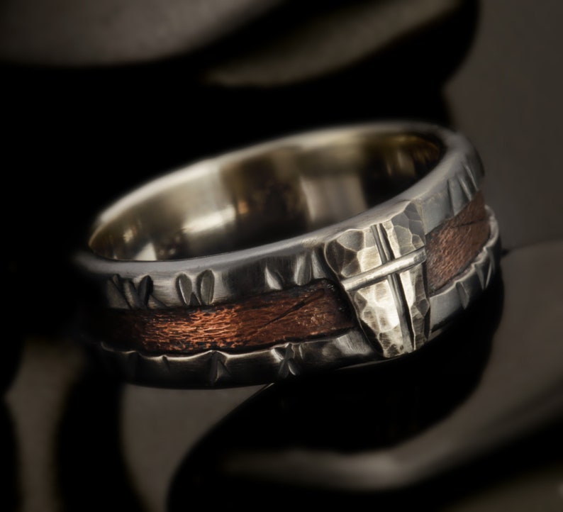 Rustic Mens Band, Man ring, Man cross Ring, Man Silver Ring, Engagement Band, Unique Bark Men's Ring, RS-1162-B image 3
