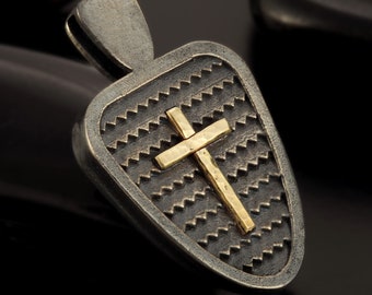 Mens Cross Pendant, Silver and 14K solid Gold Handmade Cross Pendant, Mens Cross Silver Handmade Pendant, Cross Jewelry, P-144