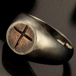 Man Cross Signet Ring, Mens Jewelry, Rustic Hammered Band, Mens Gift - RS-1223-A