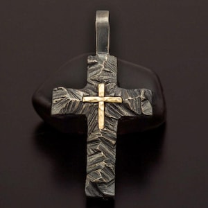 Rustic Silver & 14K Gold Cross Pendant, Mens Handmade Jewelry, Necklace Gift for Men, Christian Gift for Him, P-117