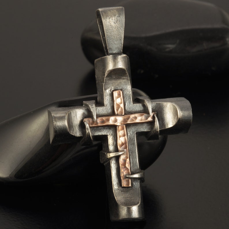 Kreuz Anhänger, Herren Kreuz Sterling Silber Anhänger, Silber und Kupfer Handmade Kreuz Anhänger, Kreuz Schmuck, P-142-A Bild 3