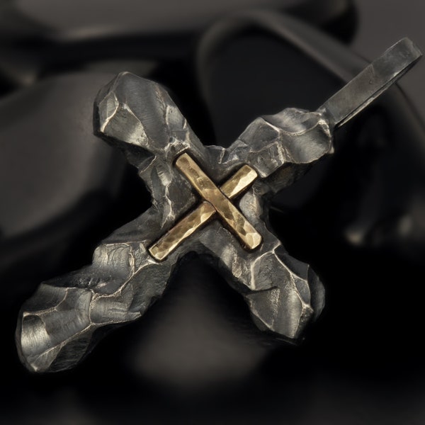 Cross Pendant, Mens Cross Sterling Silver and 14K solid Gold Handmade Cross Pendant, Cross Jewelry, P-118