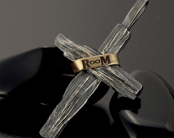 Mens Rustic Cross Pendant: 14K Gold & Sterling Silver Handmade  P-123