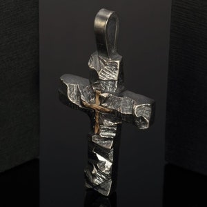 Cross Pendant, Mens Cross Sterling Silver Handmade Pendant, Silver and 14K Gold Handmade Cross Pendant, Cross Jewelry, P-117 image 2