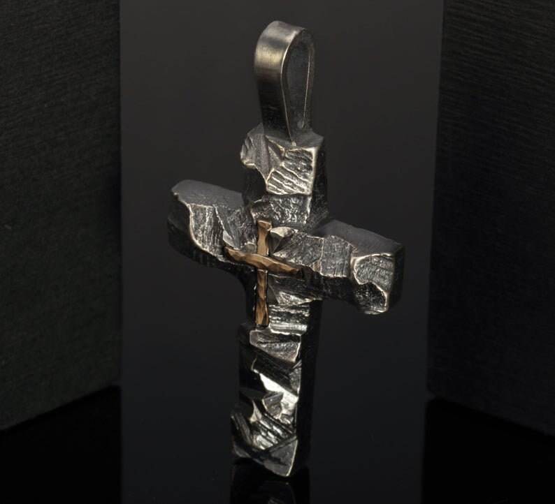 Cross Pendant, Mens Cross Sterling Silver Handmade Pendant, Silver and 14K Gold Handmade Cross Pendant, Cross Jewelry, P-117 image 2