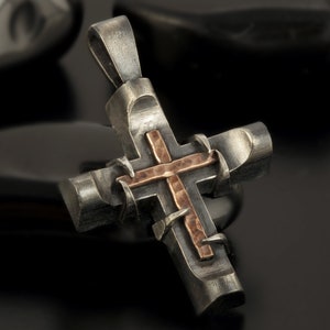 Kreuz Anhänger, Herren Kreuz Sterling Silber Anhänger, Silber und Kupfer Handmade Kreuz Anhänger, Kreuz Schmuck, P-142-A Bild 2