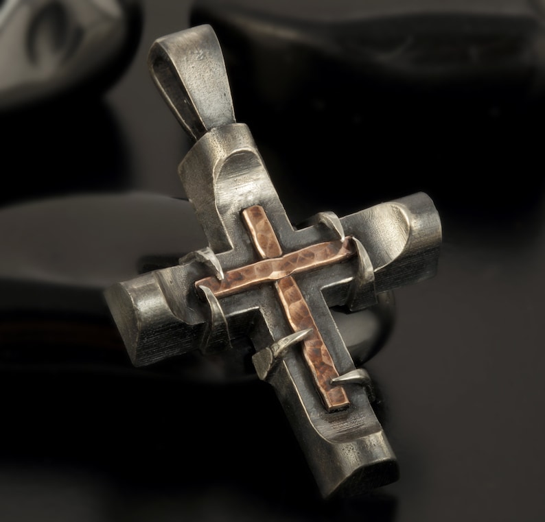 Kreuz Anhänger, Herren Kreuz Sterling Silber Anhänger, Silber und Kupfer Handmade Kreuz Anhänger, Kreuz Schmuck, P-142-A Bild 2