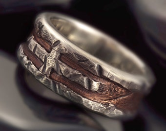 Mens wedding Band, Rustic silver and copper cross ring, Mens silver ring, Handmade Wedding Ring,    RS-1163