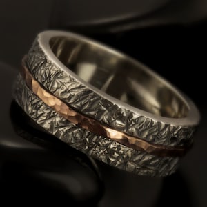 Sterling Silver Copper Viking Wedding Band, Unique Wide Mens Ring, Textured Rustic Style, Gift for Him - RS-1300