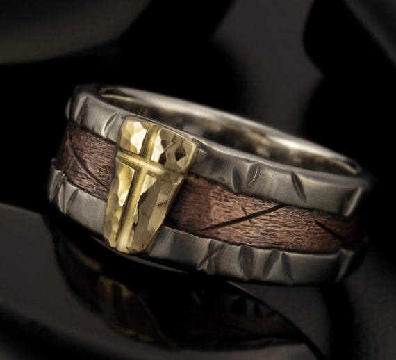 Rustic Mens Wedding Band 14K Solid Gold Silver & Copper Etsy
