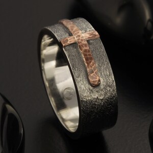 Rustic Cross man ring, Silver & 14K solid Gold or copper Men Cross ring, Mens Design Ring, Gift for Man, RS-1205 image 4