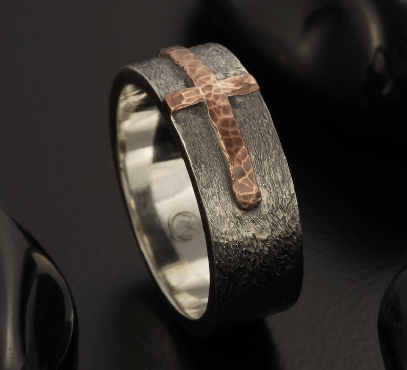 Rustic Cross man ring, Silver & 14K solid Gold or copper Men Cross ring, Mens Design Ring, Gift for Man, RS-1205 image 4