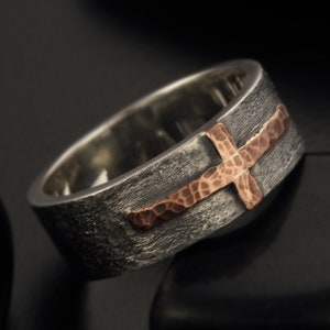 Rustic Cross man ring, Silver & 14K solid Gold or copper Men Cross ring, Mens Design Ring, Gift for Man, RS-1205 image 6