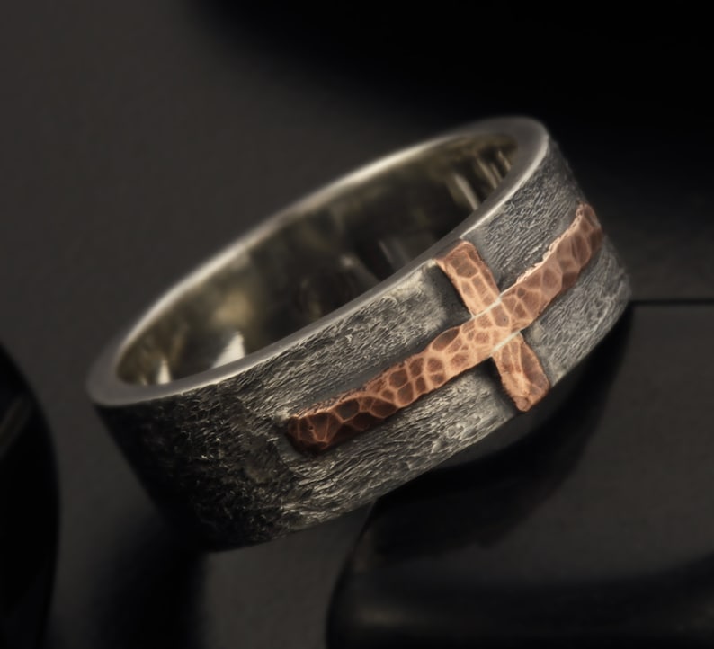 Rustic Cross man ring, Silver & 14K solid Gold or copper Men Cross ring, Mens Design Ring, Gift for Man, RS-1205 image 6