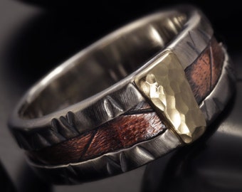 Mens Rustic ring, 14K solid Gold silver & copper, Unique Rustic Ring, Gift For him, RS-1291